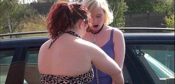  Lesbian domination of Satine Spark in public humiliation and voyeur bdsm